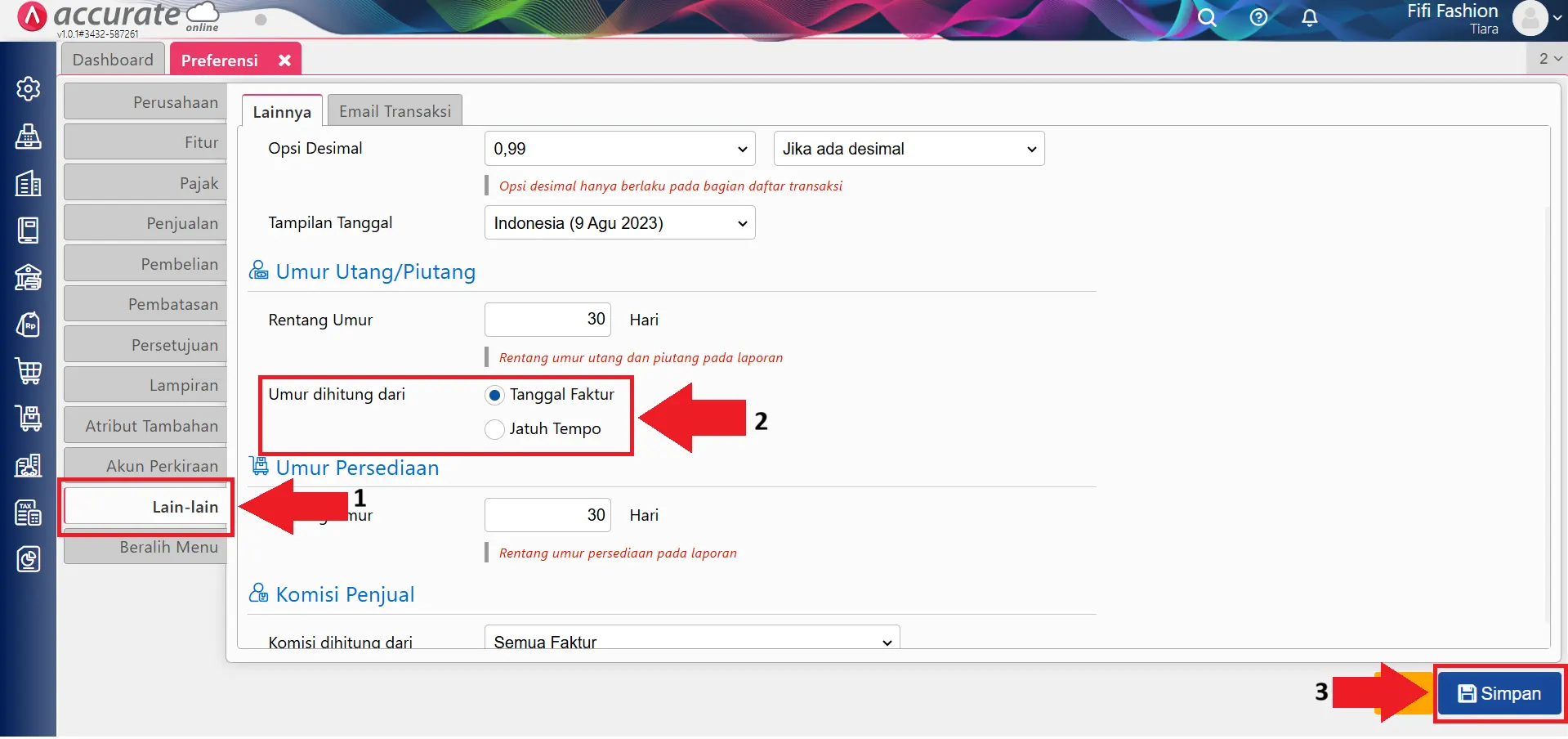 Kolom Umur (hr) di Daftar Faktur Penjualan